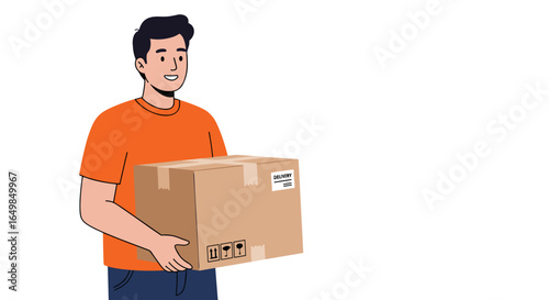 Happy Delivery Man Holding Cardboard Box Package Isolated on Transparent Background for Shipping Services