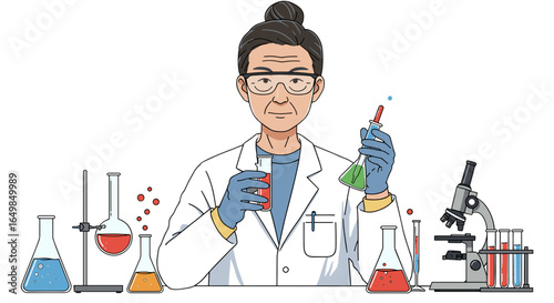 Scientist Conducting Chemical Experiments with Beakers and Microscope