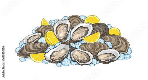 Fresh Oysters on Ice with Lemon Slices Isolated on Transparent Background