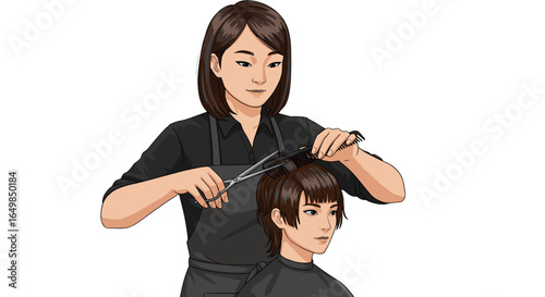 Skilled Stylist Expertly Cuts Client Hair with Scissors Isolated on Transparent Background Caring for Beauty