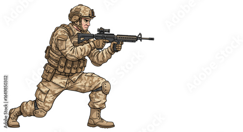 Modern Soldier Aiming Rifle in Combat Ready Pose Isolated on Transparent Background