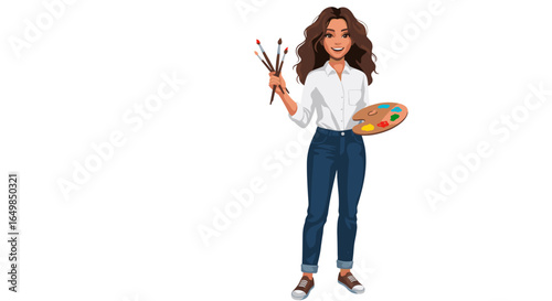 Happy Young Woman Artist Holding Paintbrushes and Palette Ready to Create Art Isolated on Transparent Background
