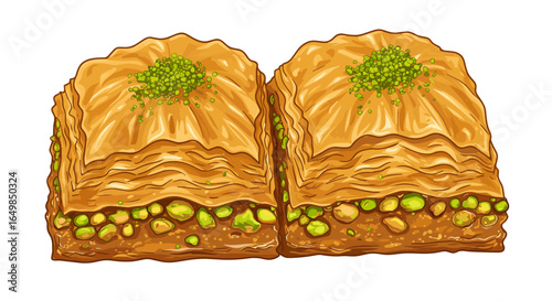 Delicious Golden Baklava Dessert Squares with Pistachio Crumbles Isolated on Transparent Background