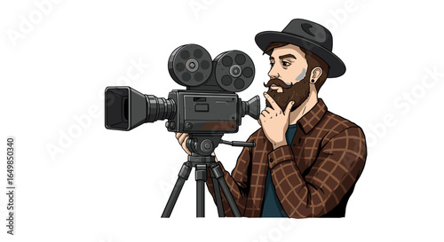 Creative Filmmaker with Vintage Camera Thinking About Movie Production Isolated on Transparent Background for Content Creation
