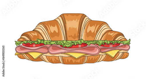 Delicious Croissant Sandwich With Ham Cheese Lettuce Tomato Isolated on Transparent Background for Healthy Breakfast