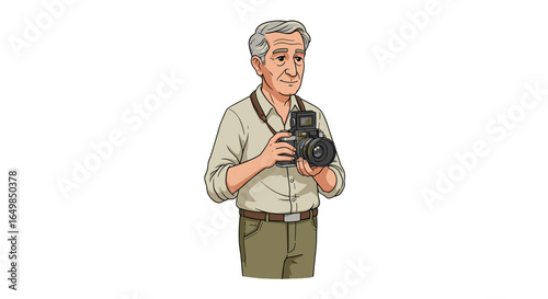 Elderly Man Photographer Captures Moment with Professional Camera Isolated on Transparent Background