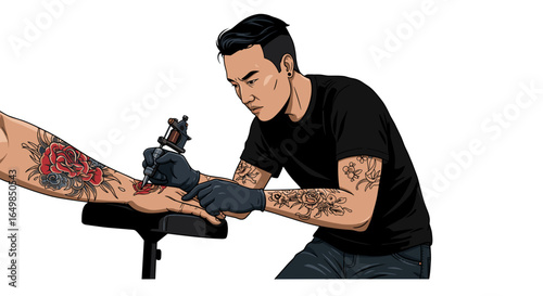 Skilled Tattoo Artist Intensely Concentrates While Creating Beautiful Floral Tattoo Art on Client Arm Isolated on Transparent Background
