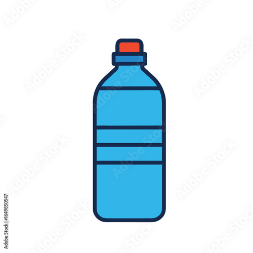 "Stylized Water Bottle Icon – Blue Bottle with Red Cap and Horizontal Bands – Flat Vector Illustration Representing Hydration, Fitness, and Wellness – Ideal for Health Apps, Lifestyle Dashboards, Spor