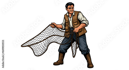Man with Fishing Net Catching Stars Symbolizing Dreams and Aspirations Isolated Transparent Background