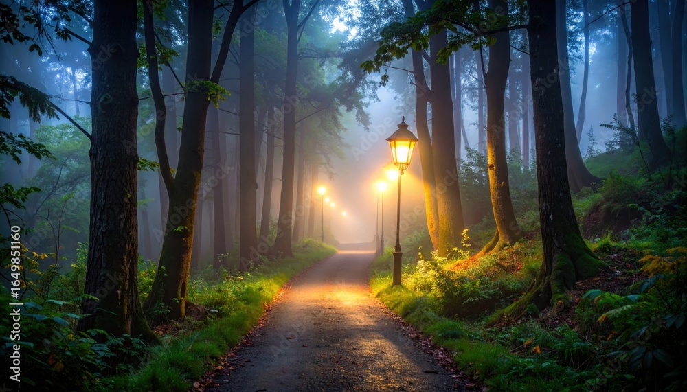 Fototapeta premium Foggy path lit by lamps winds through a mystical forest at night. Trees line the way, creating an enchanting scene.