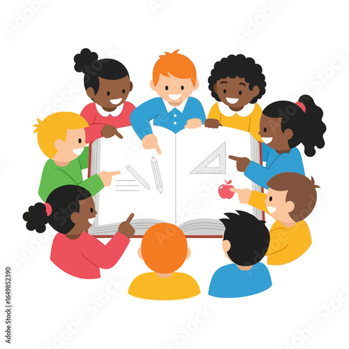 Curious Minds Unite: A vibrant illustration shows a diverse group of children gathered around a large, open book, filled with anticipation. They point and explore the world of knowledge and learning.