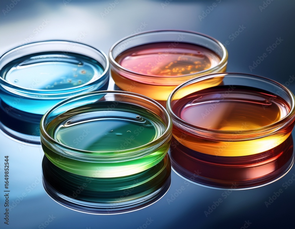 multiple liquids in petri dishes showcasing color variation multiple liquids in petri dishes showcasing color variation