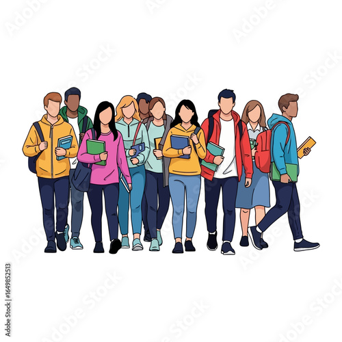 Unified Academics: A dynamic assembly of scholars, adorned with backpacks and educational resources, strides forward on a mission of intellectual exploration, painted with a vibrant.