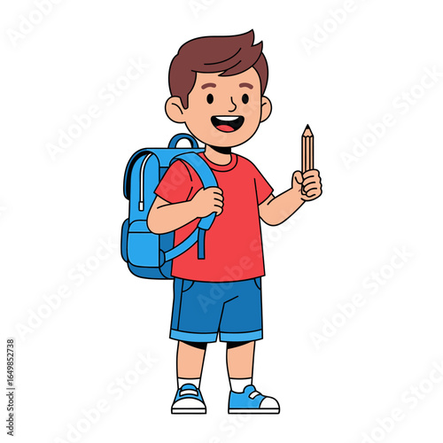 Ready for School: A vibrant illustration of a young boy, ready to embark on his educational journey, holding a pencil and wearing a backpack, symbolizes youthful enthusiasm and a thirst for knowledge.