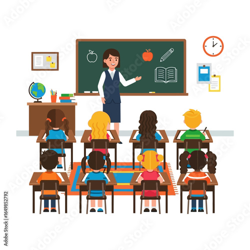 Classroom Dynamics: The image portrays a lively classroom setting, with the teacher interacting with attentive students, emphasizing learning. A blackboard, clock.