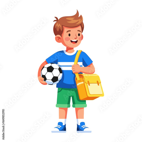Young Football Enthusiast: A cheerful young boy, radiating positivity, joyfully clutches a soccer ball and carries a school bag, epitomizing the spirit of youthful energy and enthusiasm for sports.