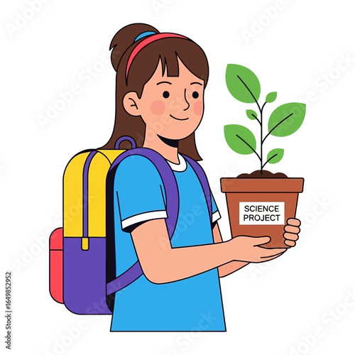 Science Project in the Making: A cheerful student, clutching a pot, filled with a vibrant plant labeled Science Project, radiating enthusiasm and fostering a love for learning and exploration.