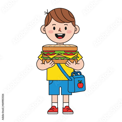 Boy with Sandwich: An animated young boy smiles proudly, holding a large, appetizing sandwich, representing the simple joy of a midday meal and the vibrant energy of childhood.