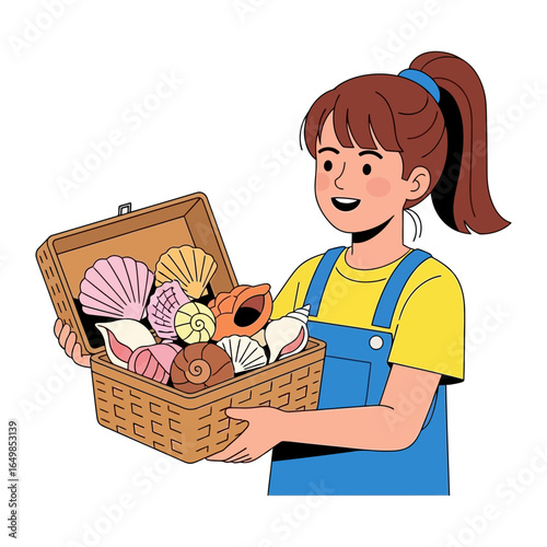 Collecting Seashells: A young girl, beaming with delight, showcases a treasure trove of colorful seashells she has gathered. Each shell a unique testament to the beauty of the seaside. 