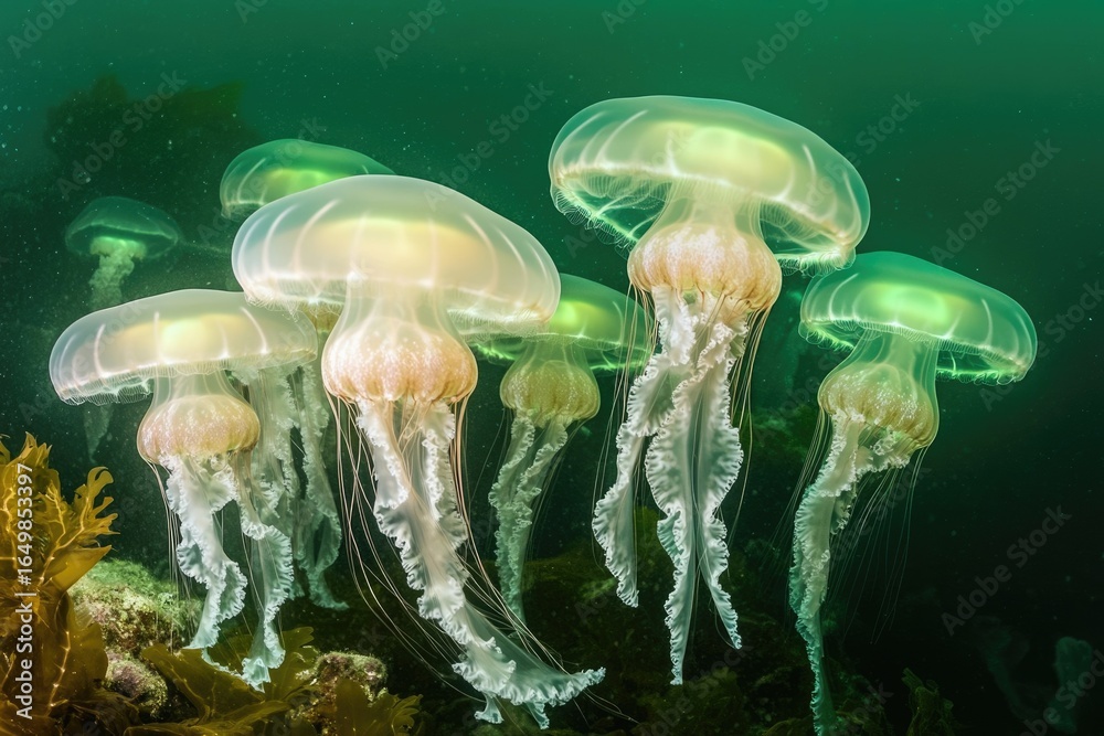Obraz premium A mesmerizing swarm of jellyfish gracefully floats in the dark ocean, displaying their delicate tentacles and translucent bodies.