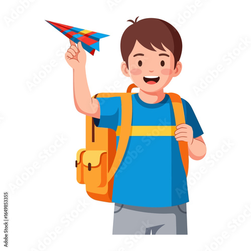 Young Explorer's Dream: A cheerful child, backpack in tow, launches a vibrant paper airplane, symbolizing youthful dreams of adventure and discovery. 