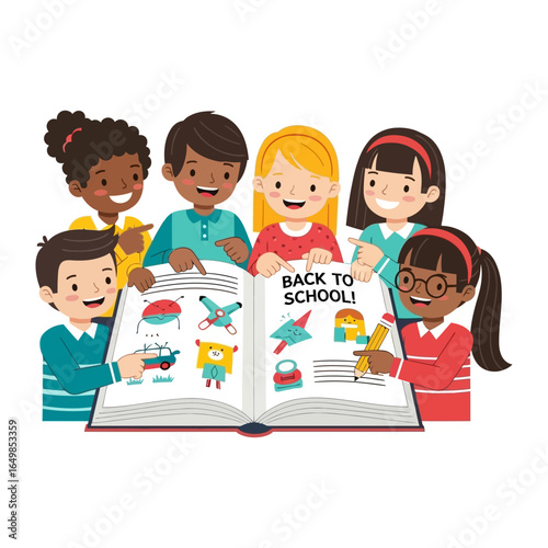 Kids' Enthusiastic Learning: A diverse group of children joyfully explore a giant storybook together.
