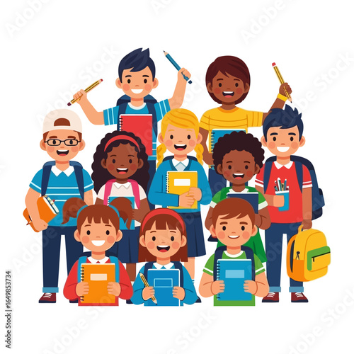 Vibrant Pupils: A colorful illustration featuring a diverse group of children, backpacks and books, poised and ready for the upcoming school year.