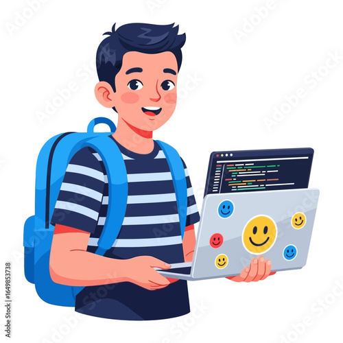 Young Coder with Laptop: A bright and enthusiastic young individual, backpack slung over their shoulder, proudly presents their laptop displaying lines of computer code and the cheerful face.