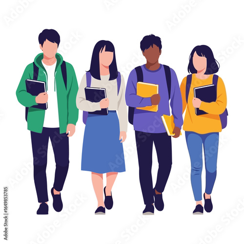 Educational Harmony: A diverse group of students strides forward, books and backpacks in tow, embodying the spirit of unity, the quest for knowledge, and the journey toward a bright future.