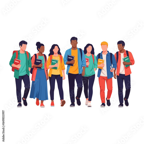 School Students: A diverse group of students, each carrying a book and backpack, stroll together. capturing the essence of unity and the anticipation of knowledge.