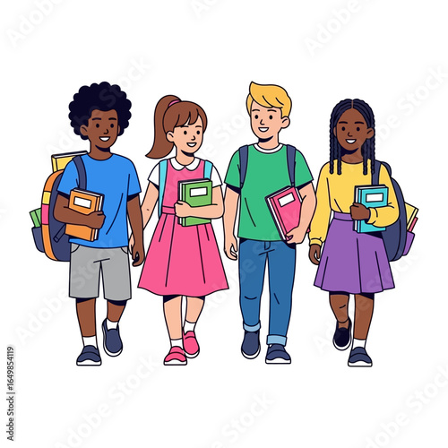 School Day Out: A diverse group of school children, armed with backpacks and books, strides together with determination and joy, symbolizing the spirit of education and friendship.