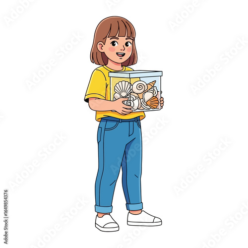 The Girl with Shells: A young girl proudly holds a transparent container, filled with an assortment of sea shells, displaying her collected treasures from the ocean.