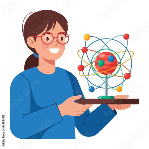 Science Tutor: A bright young scientist, glasses perched on their nose, examines a detailed atom model, in a vibrant flat illustration.