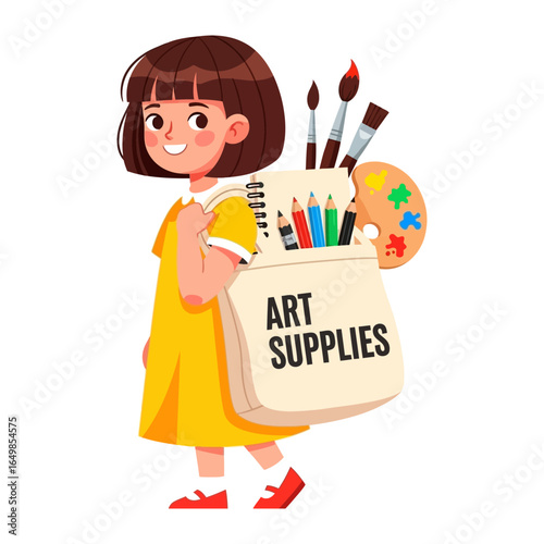 Young artist: A young girl with a radiant smile strides confidently, carrying an ART SUPPLIES bag filled with creative tools.