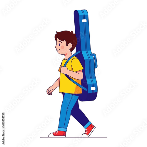 Boy with Guitar Case: A young boy confidently walks with a vibrant blue guitar case slung over his shoulder, suggesting a journey filled with music and creativity.