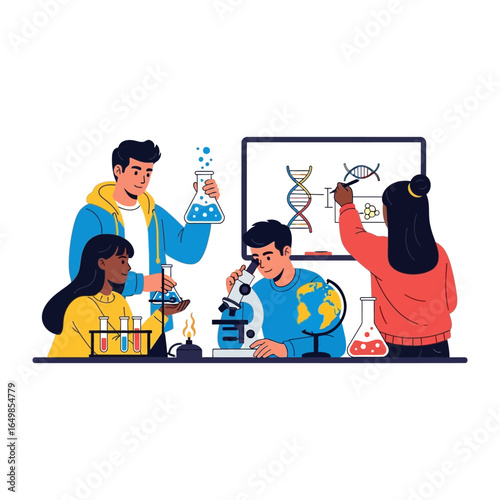 Scientific Collaboration: A group of young students, illuminated with the light of discovery, collaborate within a science lab, each bringing a unique piece to the puzzle of knowledge. 