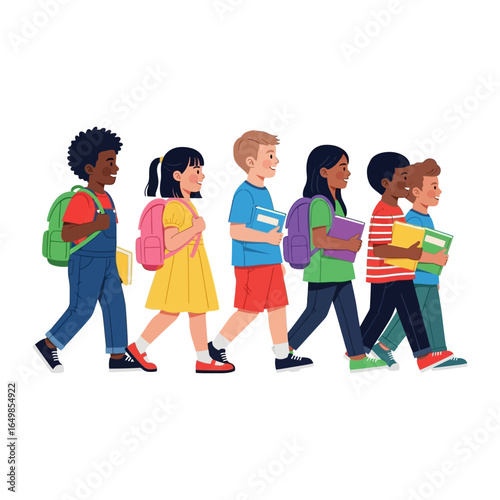 School Day Stroll: A diverse group of children walk towards the school, carrying backpacks and books, ready to embark on a day of learning and friendship.