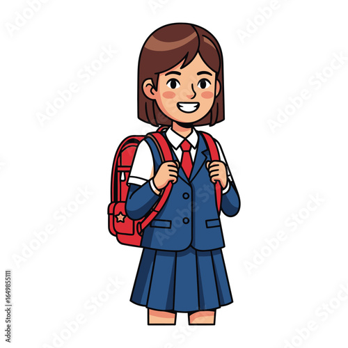 Schoolgirl with Backpack: A young schoolgirl with a bright smile wears a school uniform and carries a backpack, ready for a day of learning and adventure, exuding innocence and anticipation.