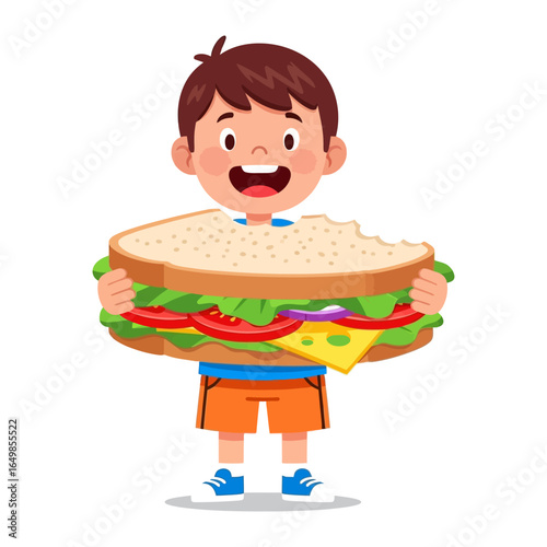 Big Sandwich, Little Boy: a joyful little boy, eyes sparkling with anticipation, holds aloft a delicious, oversized sandwich, promising a mouthwatering meal.