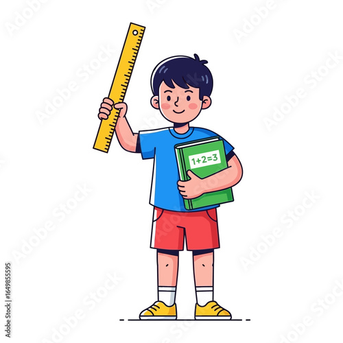 The Cheerful Student: A youthful scholar stands tall, holding a bright ruler aloft and clutching a book, a symbol of curiosity and the joy of learning.