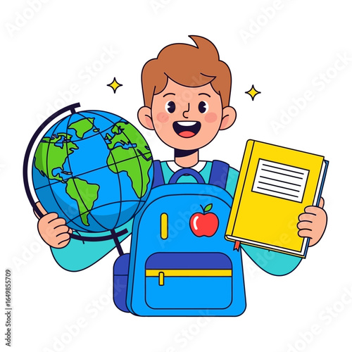 Globetrotting Scholar: A cheerful scholar, backpack at the ready, holding a globe and a notebook, epitomizing a global educational mindset and the thirst for knowledge. 