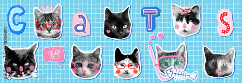 Cat halftone collage vector faces set, Funny animal heads graphic elements for brochures, packaging and banners