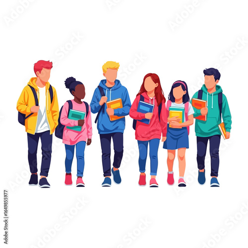 School day Walk: A diverse group of students, each with a backpack and book, stroll together, depicting a shared journey of learning and companionship.