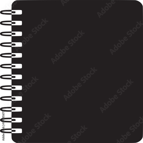 A simple black and white image of a closed spiral notebook on a plain white background surface view