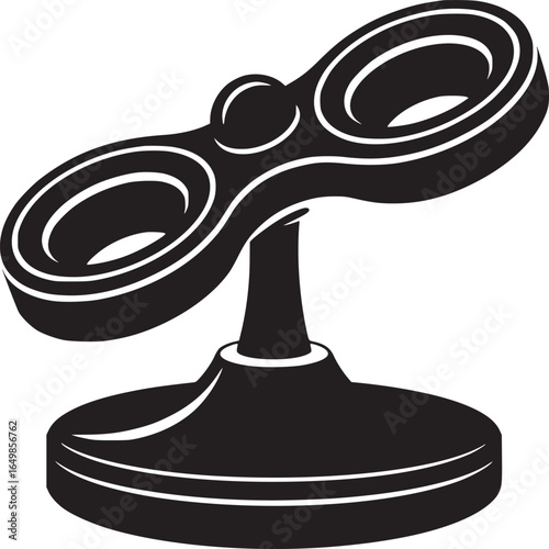 A black and white illustration of a stylized object with two rings on a pedestal design element