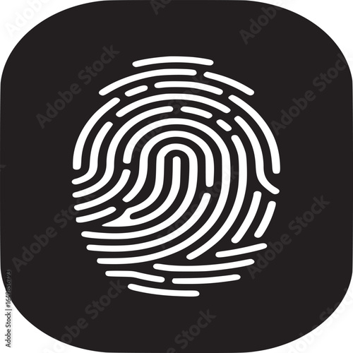 White fingerprint graphic on a black rounded rectangle against a white background for security uses