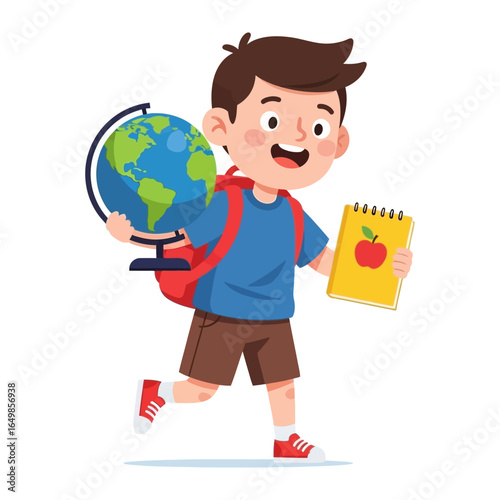World Explorer: A young, smiling student joyfully embarks on an educational journey, clutching a globe and a notepad, embodying the excitement of learning and discovery.