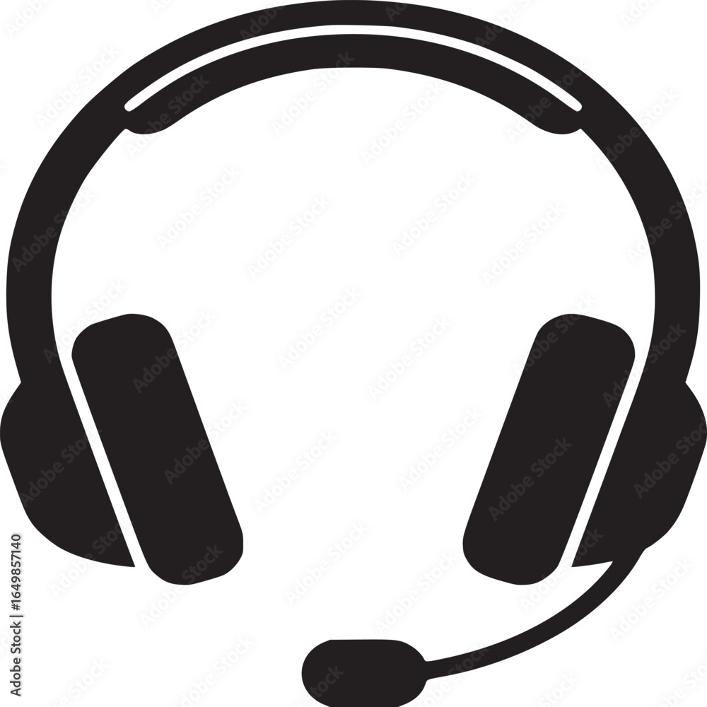 Obraz premium Minimalist headset icon with microphone. Black headphones vector silhouette for customer support, gaming, and call center communication.