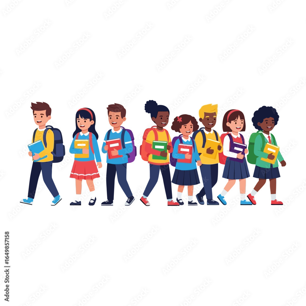 Fototapeta premium School Journey: A group of children, each with a backpack and book in hand, happily step together towards their educational destination, capturing the spirit of unity and shared purpose.