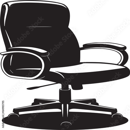 A black and white illustration of an office chair with armrests and a five wheeled base design